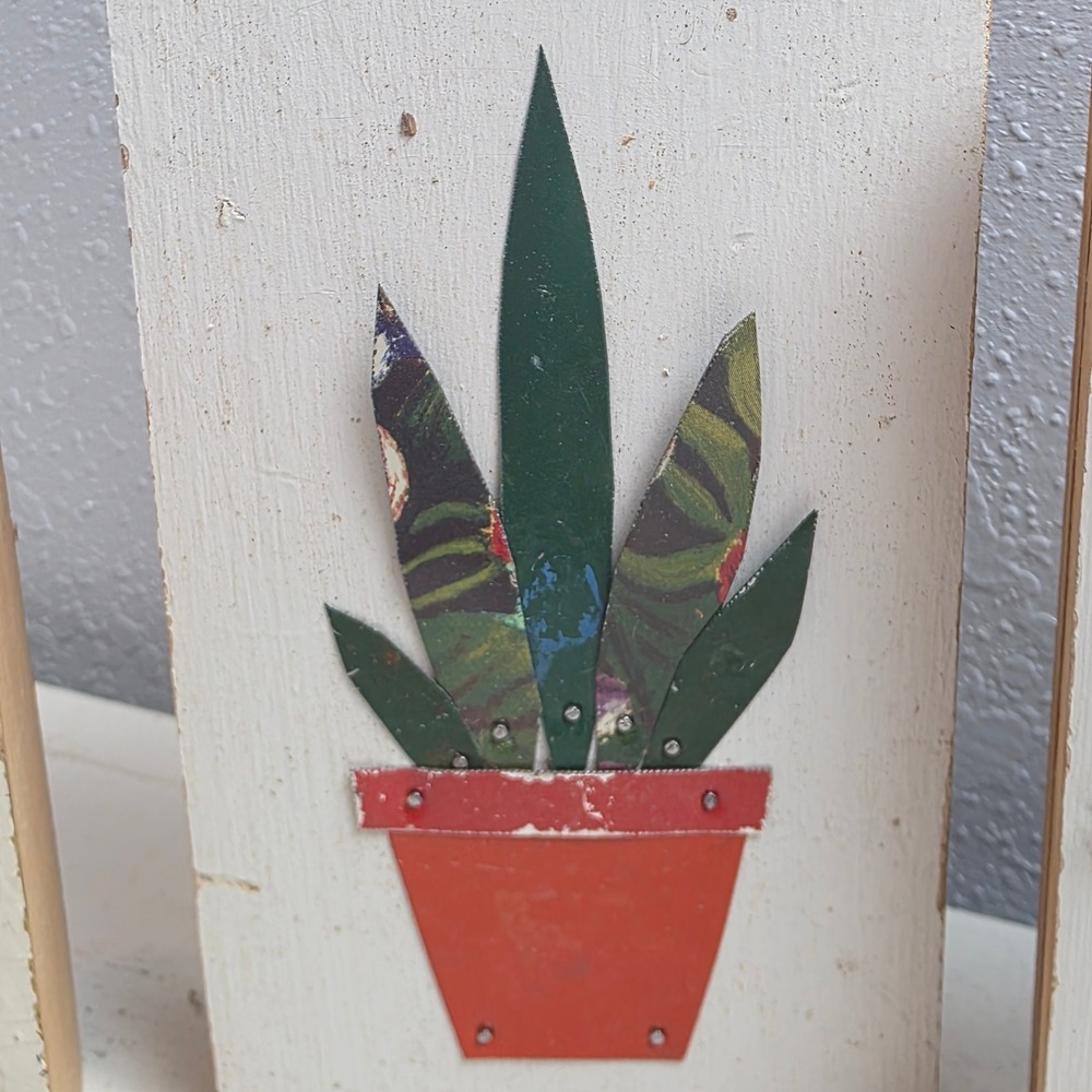 Handmade Rustic Wood Metal Succulent Cactus Wall Art Block Set of 3 Multicolor - Picture 3 of 7